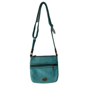 Fossil Explorer Teal Leather Three Zip Pocket Crossbody Bag Purse